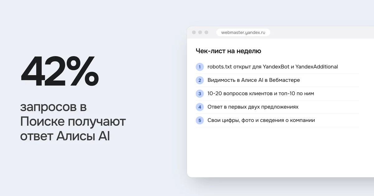 42% запросов в Поиске получают ответ Алисы AI. На картинке список «Чек-лист на неделю»
