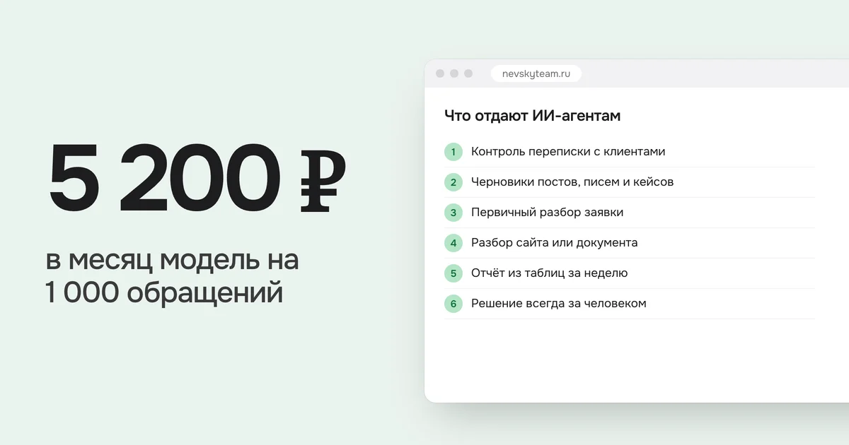 5 200 ₽ в месяц модель на 1 000 обращений. На картинке список «Что отдают ИИ-агентам»
