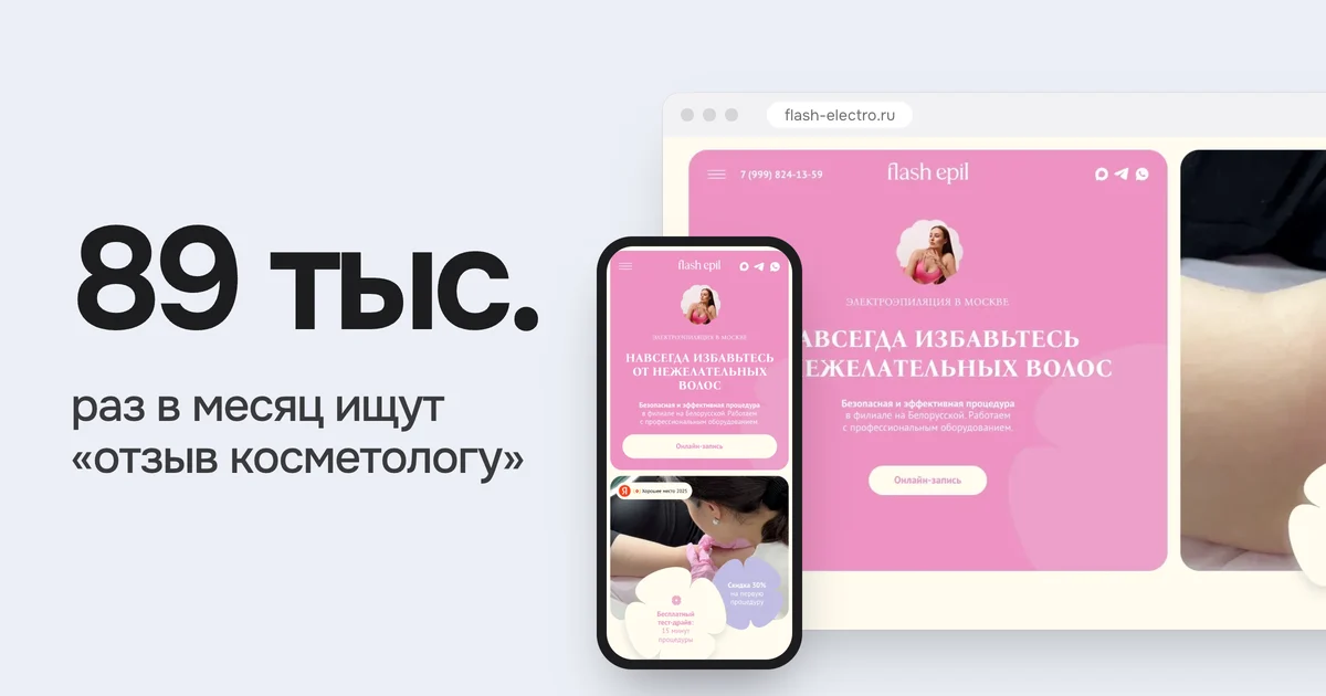 Спрос на услуги красоты в Яндексе: косметолог 735 тысяч показов в месяц, лазерная эпиляция 361 тысяча, отзыв косметологу 89 тысяч