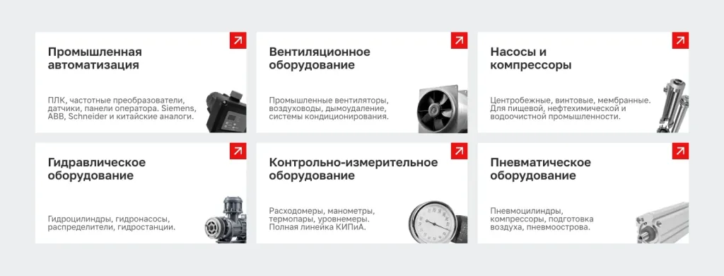 Шесть карточек направлений на сайте ИнтегроПрома: автоматизация, насосы, гидравлика