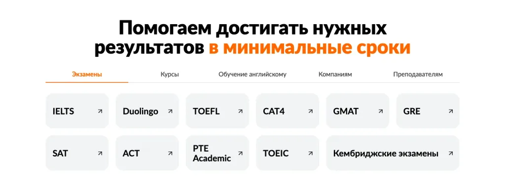 Разделы сайта языковой школы ITEC по цели ученика