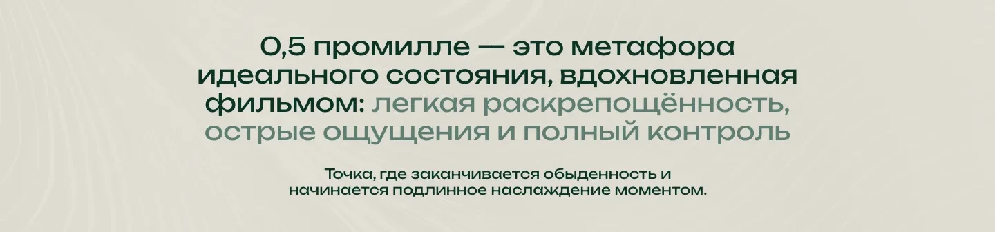 Блок под первым экраном: заголовок о том, что 0,5 промилле это метафора идеального состояния из фильма, и подпись о наслаждении моментом