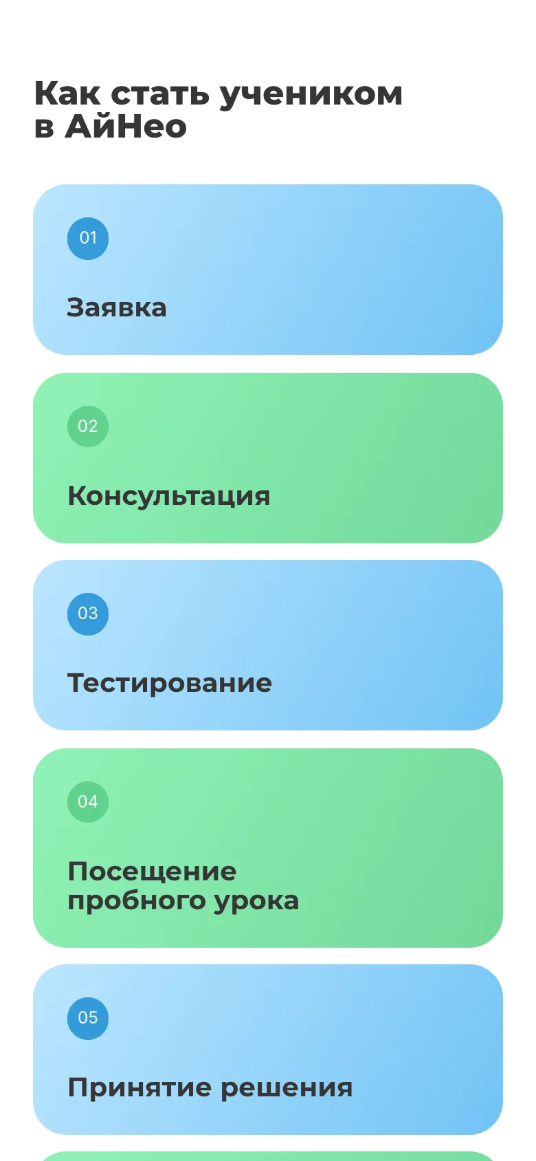 Мобильная версия: заголовок «Как стать учеником в АйНео» и карточки шагов от заявки до принятия решения одна под другой