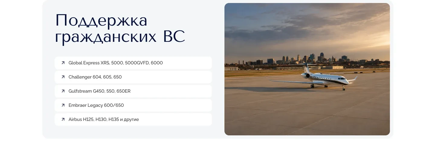 Блок «Поддержка гражданских ВС»: список моделей Global Express, Challenger, Gulfstream, Embraer Legacy и Airbus H125, H130, H135 рядом с фотографией самолёта на перроне