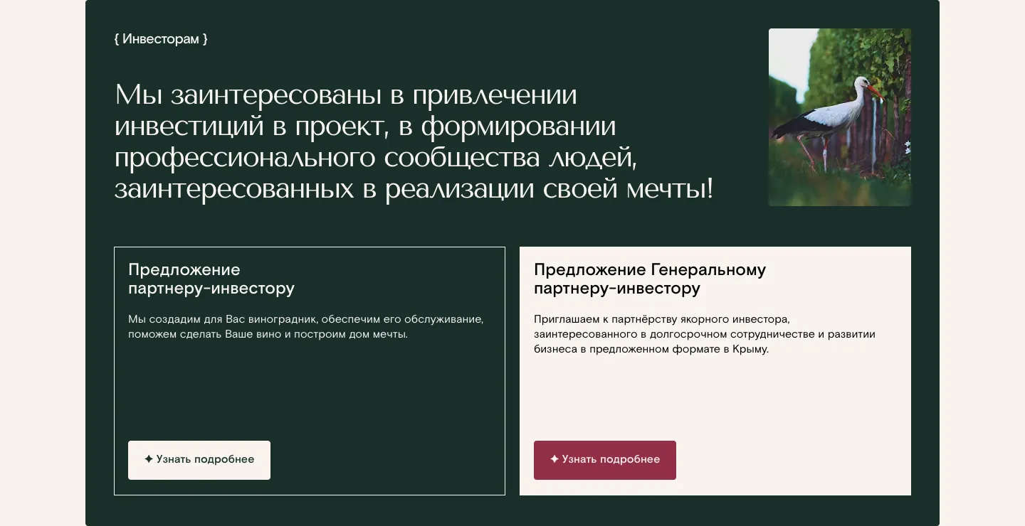 Блок «Инвесторам»: карточки «Предложение партнеру-инвестору» и «Предложение Генеральному партнеру-инвестору» с кнопками «Узнать подробнее»