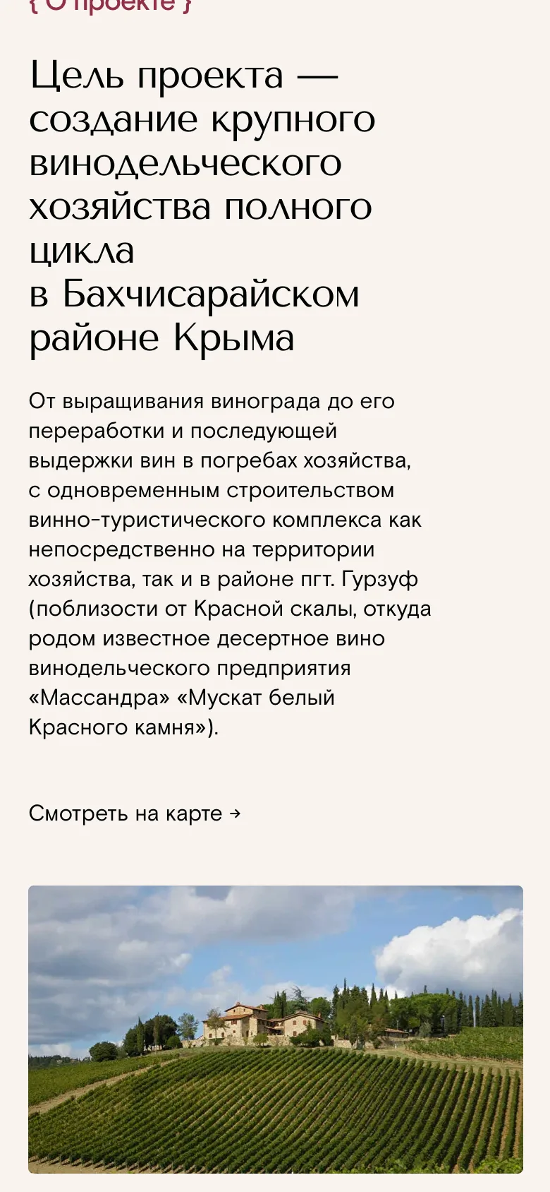 Мобильная версия: цель проекта, абзац о хозяйстве и ссылка «Смотреть на карте»