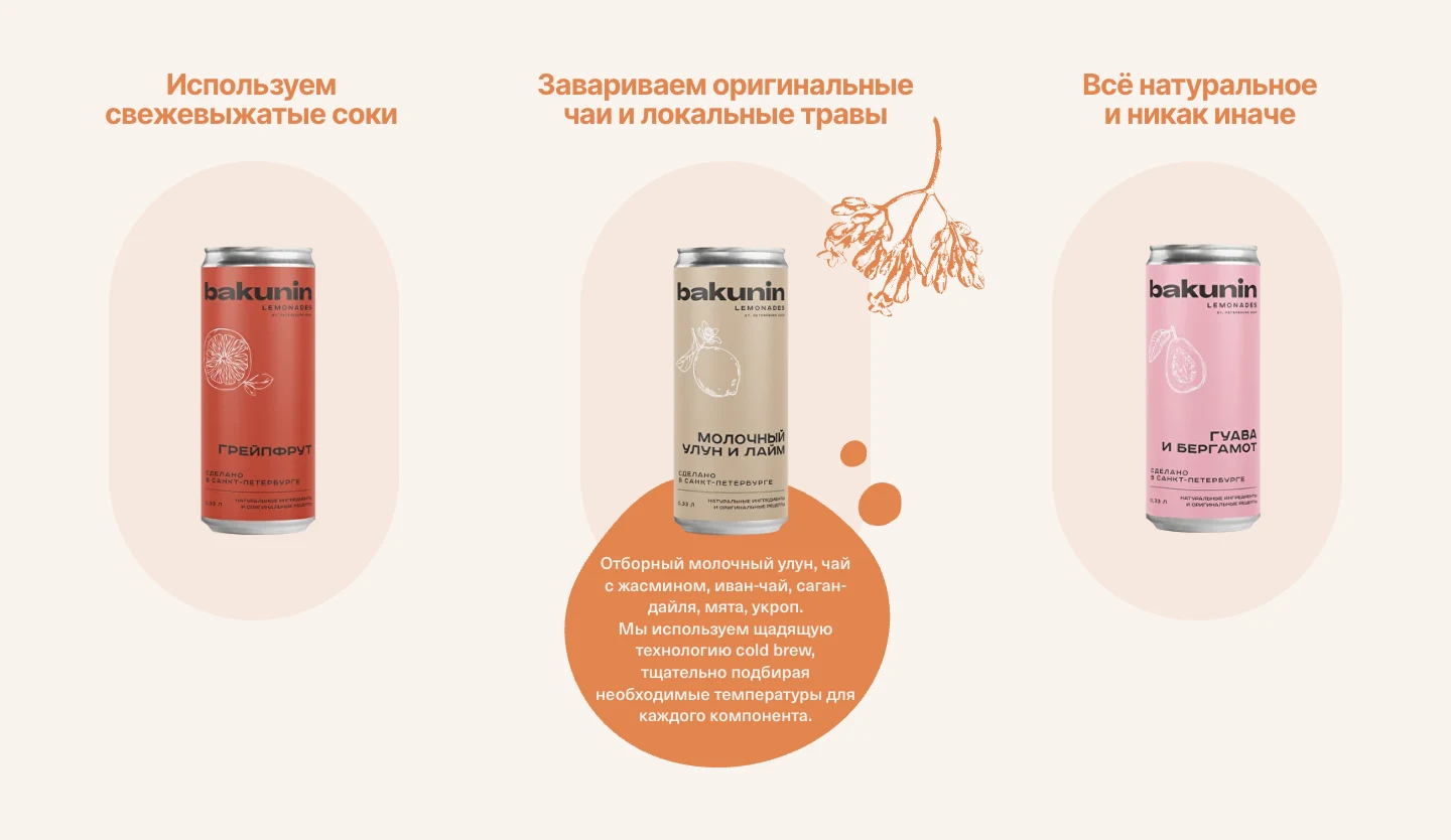 Блок о составе: заголовки «Используем свежевыжатые соки», «Завариваем оригинальные чаи и локальные травы», «Всё натуральное и никак иначе», под средней банкой открыто описание чаёв и трав