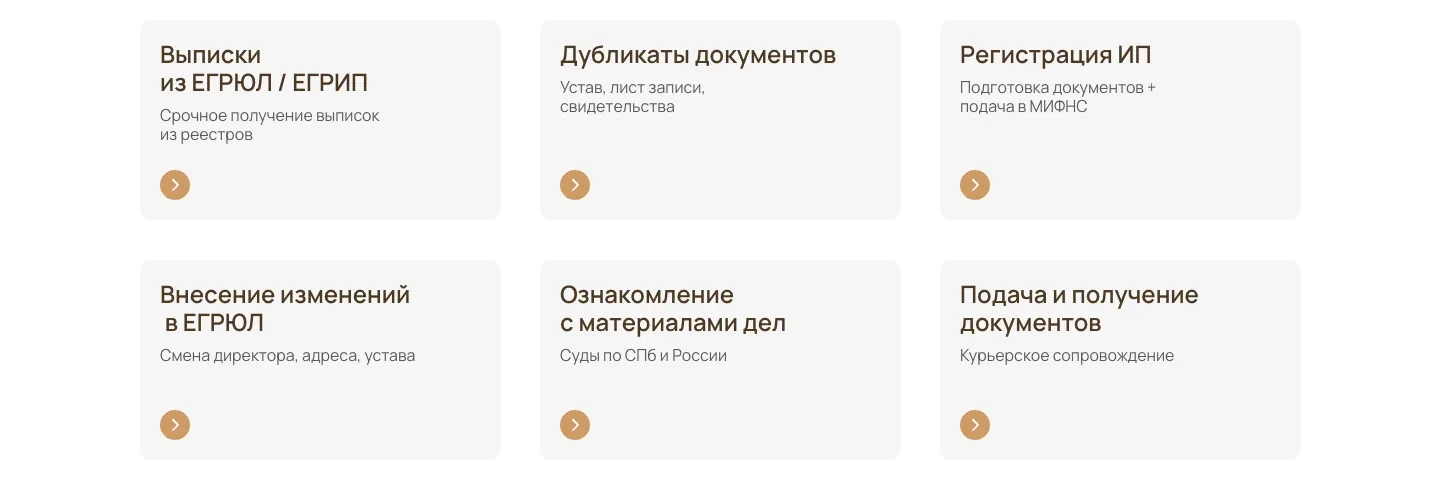 Шесть карточек услуг: выписки из ЕГРЮЛ и ЕГРИП, дубликаты документов, регистрация ИП, внесение изменений в ЕГРЮЛ, ознакомление с материалами дел, подача и получение документов