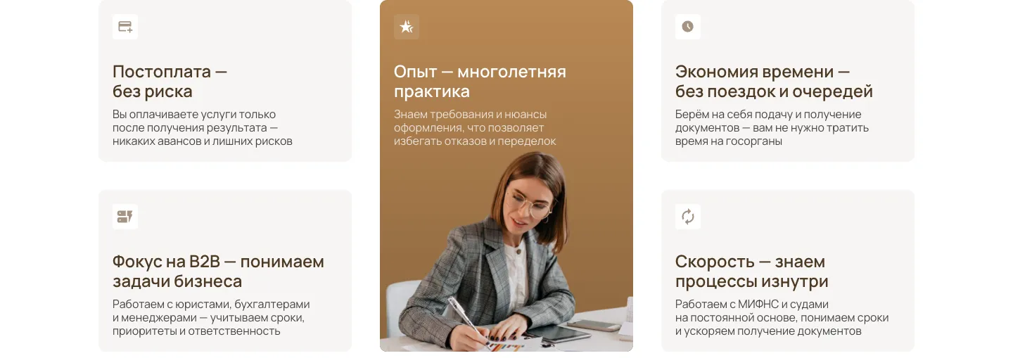 Пять карточек преимуществ: постоплата, опыт, экономия времени, фокус на B2B и скорость, в средней карточке фото девушки в очках за документами