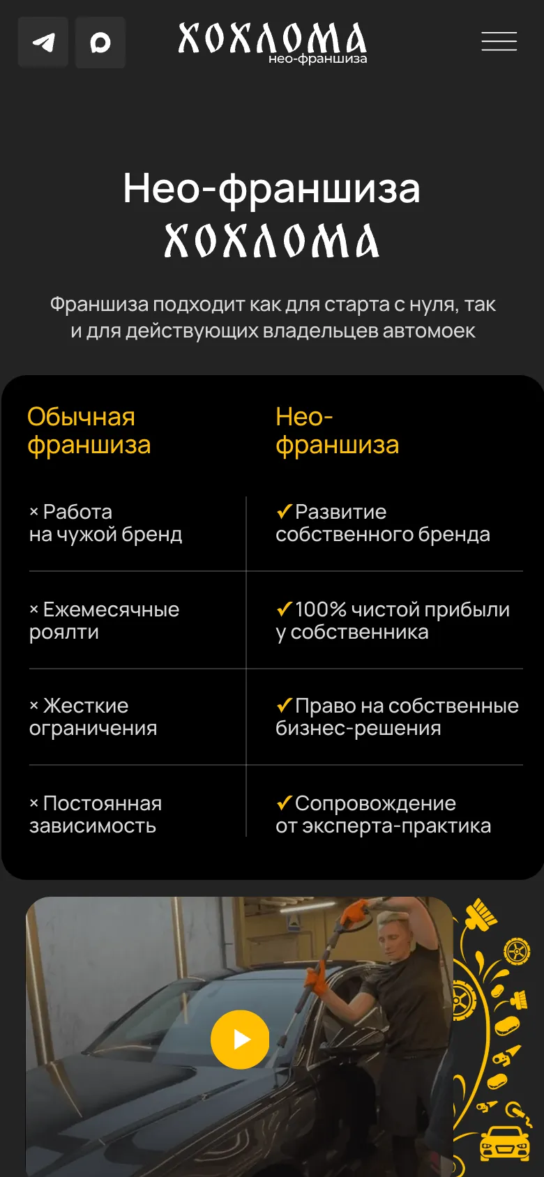 Мобильная версия: таблица «Обычная франшиза / Нео-франшиза» в две колонки, ниже ролик из мойки