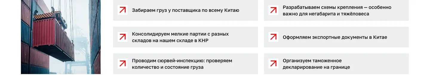 Шесть карточек услуг, от забора груза у поставщика по всему Китаю до таможенного декларирования на границе, и фото контейнера на кране в порту