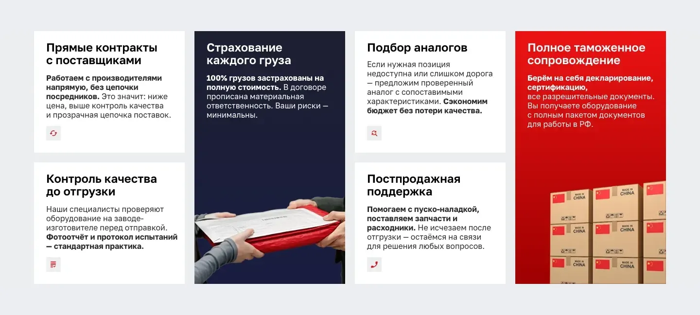 Шесть причин выбрать ИнтегроПром: прямые контракты, контроль качества, страхование груза, подбор аналогов, поддержка после продажи и таможенное сопровождение