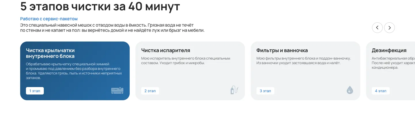 Блок «5 этапов чистки за 40 минут»: пояснение о сервис-пакете и карточки этапов со стрелками прокрутки
