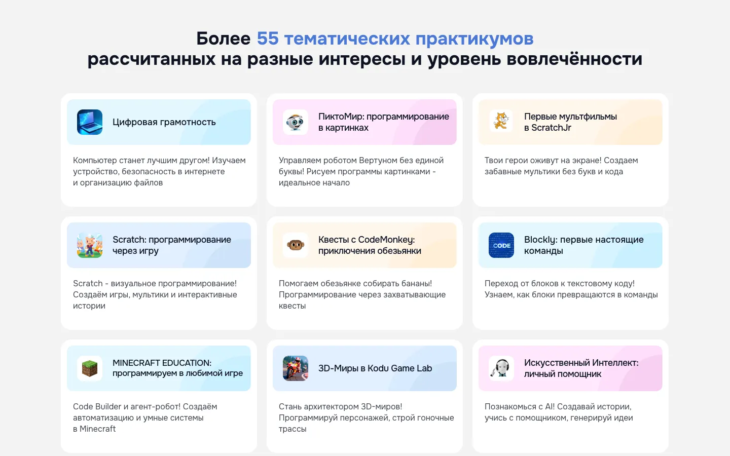 Карточки практикумов: цифровая грамотность, ПиктоМир, ScratchJr, Scratch, CodeMonkey, Blockly, Minecraft Education, Kodu Game Lab и искусственный интеллект