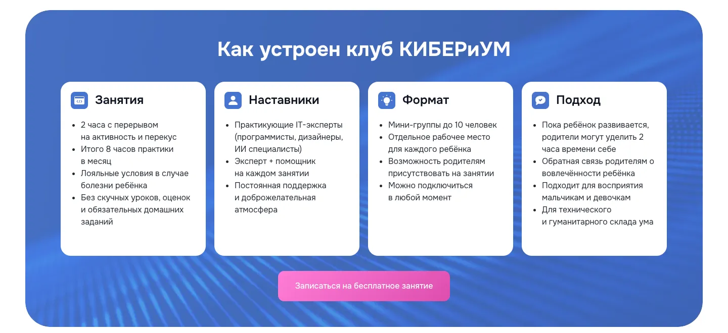 Блок «Как устроен клуб КИБЕРиУМ»: карточки занятий, наставников, формата и подхода и кнопка записи на бесплатное занятие