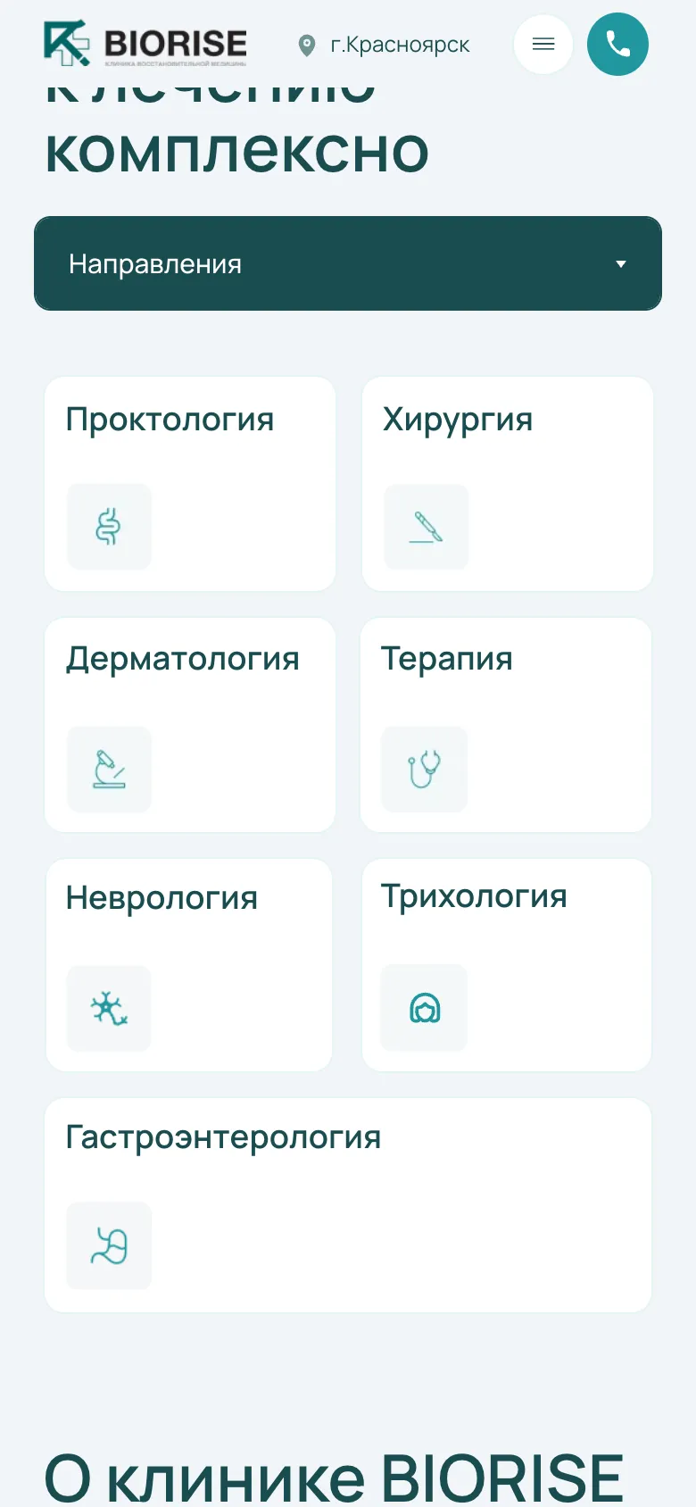 Мобильная версия: выпадающий список «Направления» и плитка семи направлений в две колонки