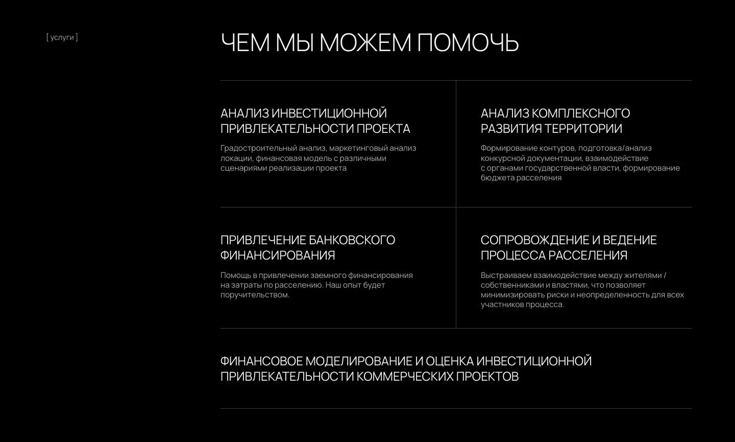 Блок «Чем мы можем помочь»: пять услуг сеткой, от анализа инвестиционной привлекательности проекта до финансового моделирования коммерческих проектов