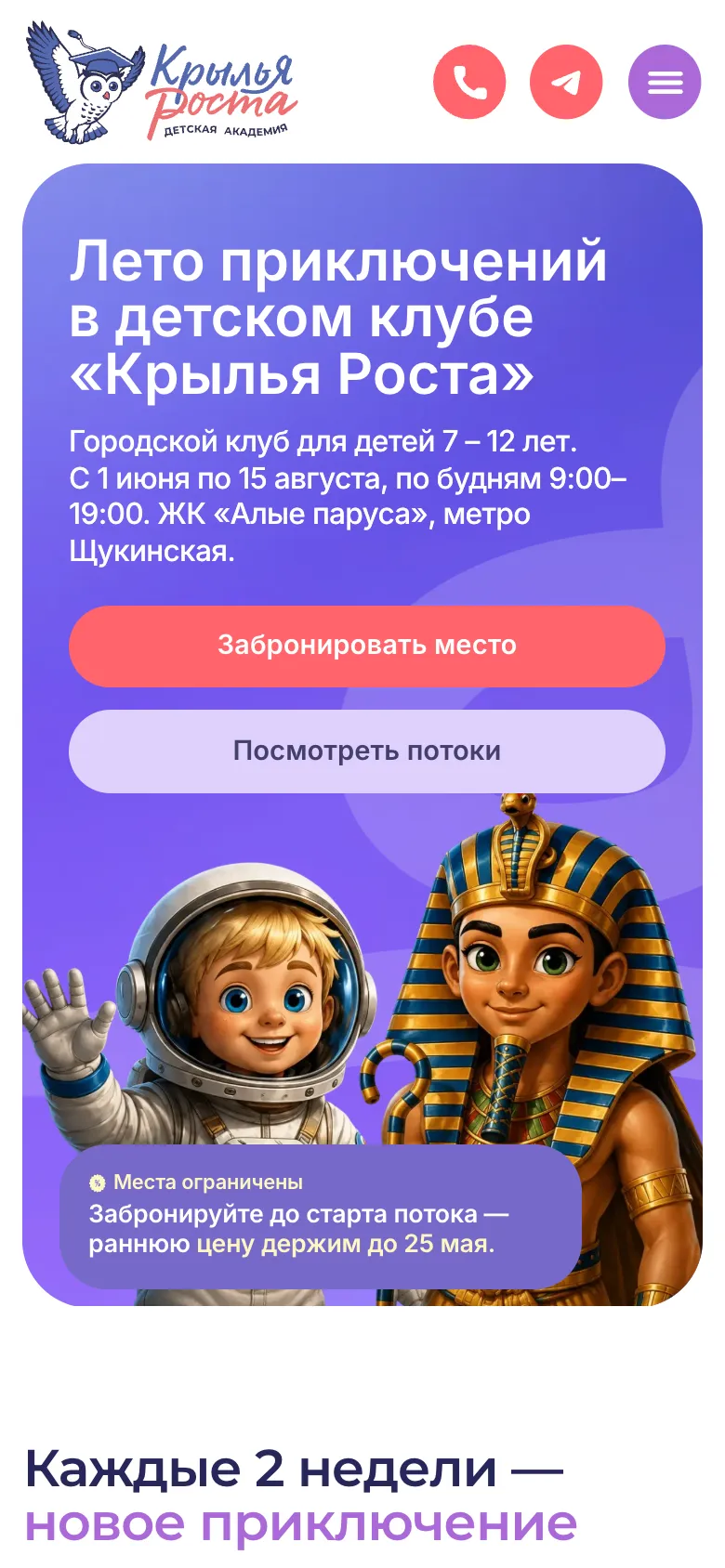 Мобильная версия: первый экран с возрастом, датами, часами работы и кнопками брони и просмотра потоков
