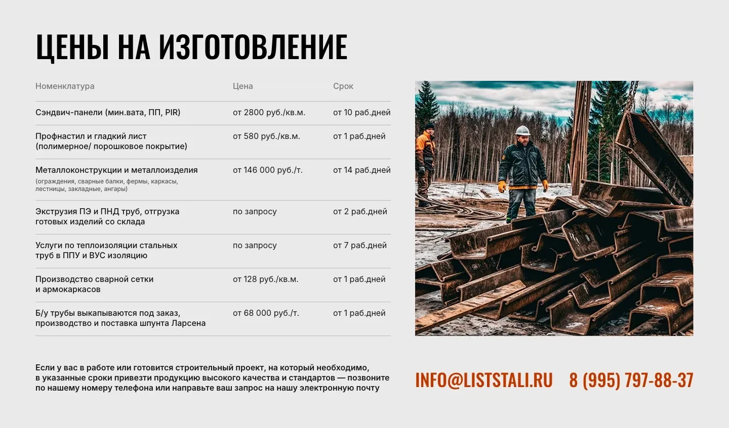 Блок «Цены на изготовление»: семь позиций, у каждой название, цена и срок, рядом фото шпунта Ларсена, под таблицей почта и телефон крупным оранжевым шрифтом
