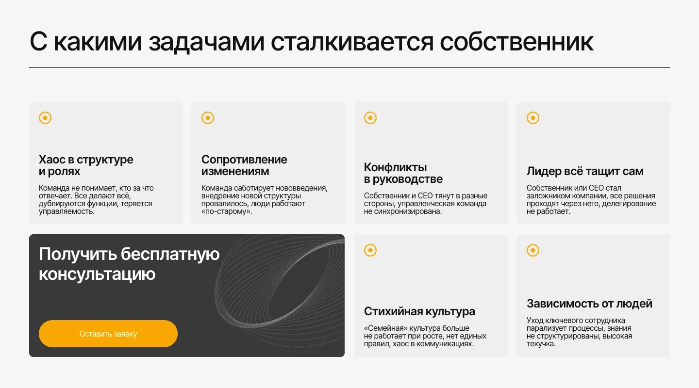 Блок «С какими задачами сталкивается собственник»: шесть карточек от «Хаоса в структуре и ролях» до «Зависимости от людей», во втором ряду тёмная карточка «Получить бесплатную консультацию» с кнопкой «Оставить заявку»