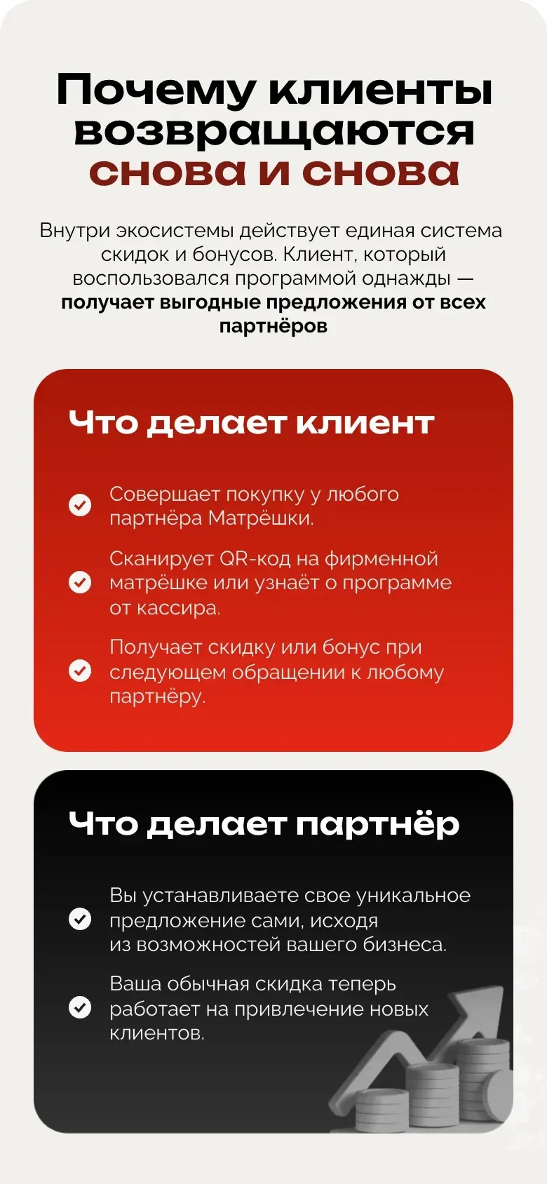 Мобильная версия: заголовок «Почему клиенты возвращаются снова и снова», красная карточка «Что делает клиент» и под ней чёрная «Что делает партнёр»
