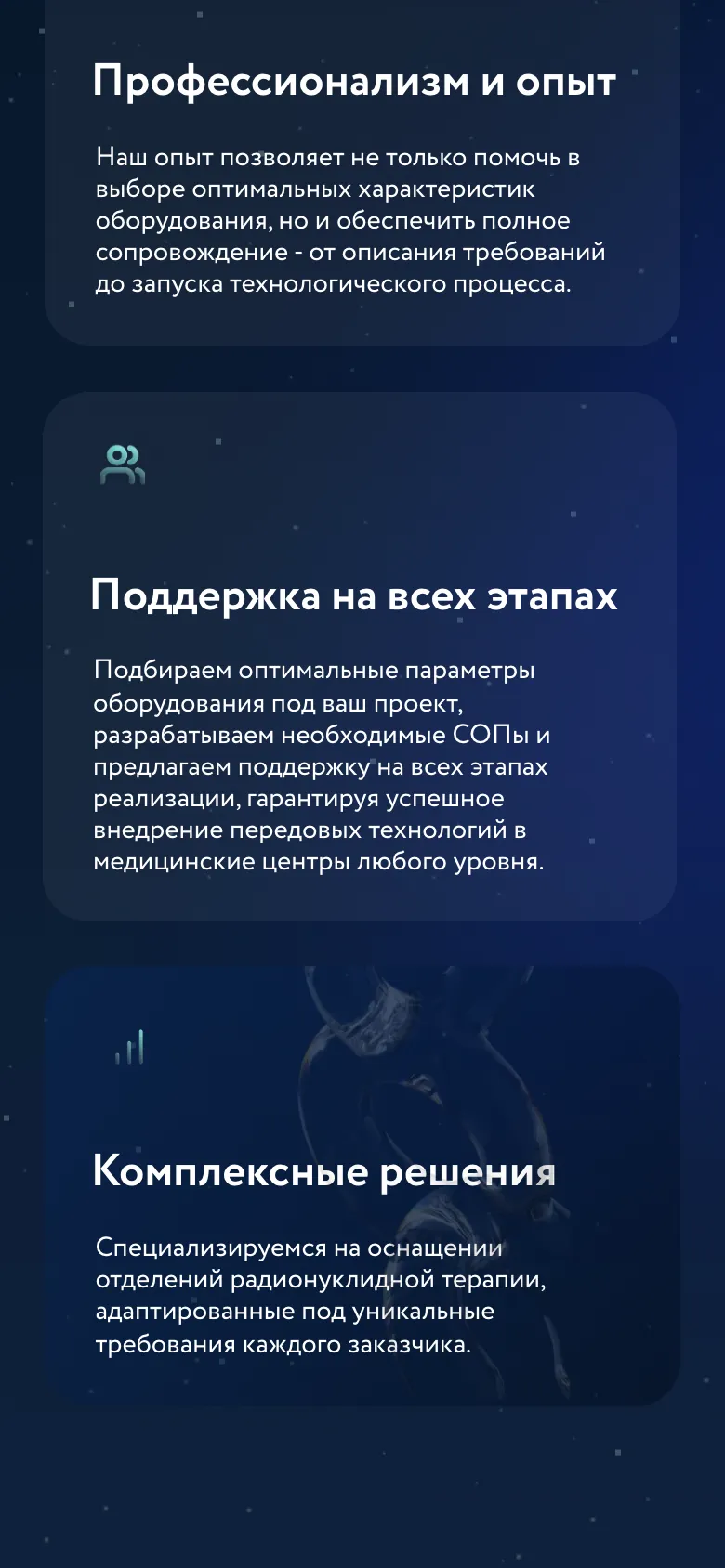 Мобильная версия: карточки «Профессионализм и опыт» и «Поддержка на всех этапах» одна под другой