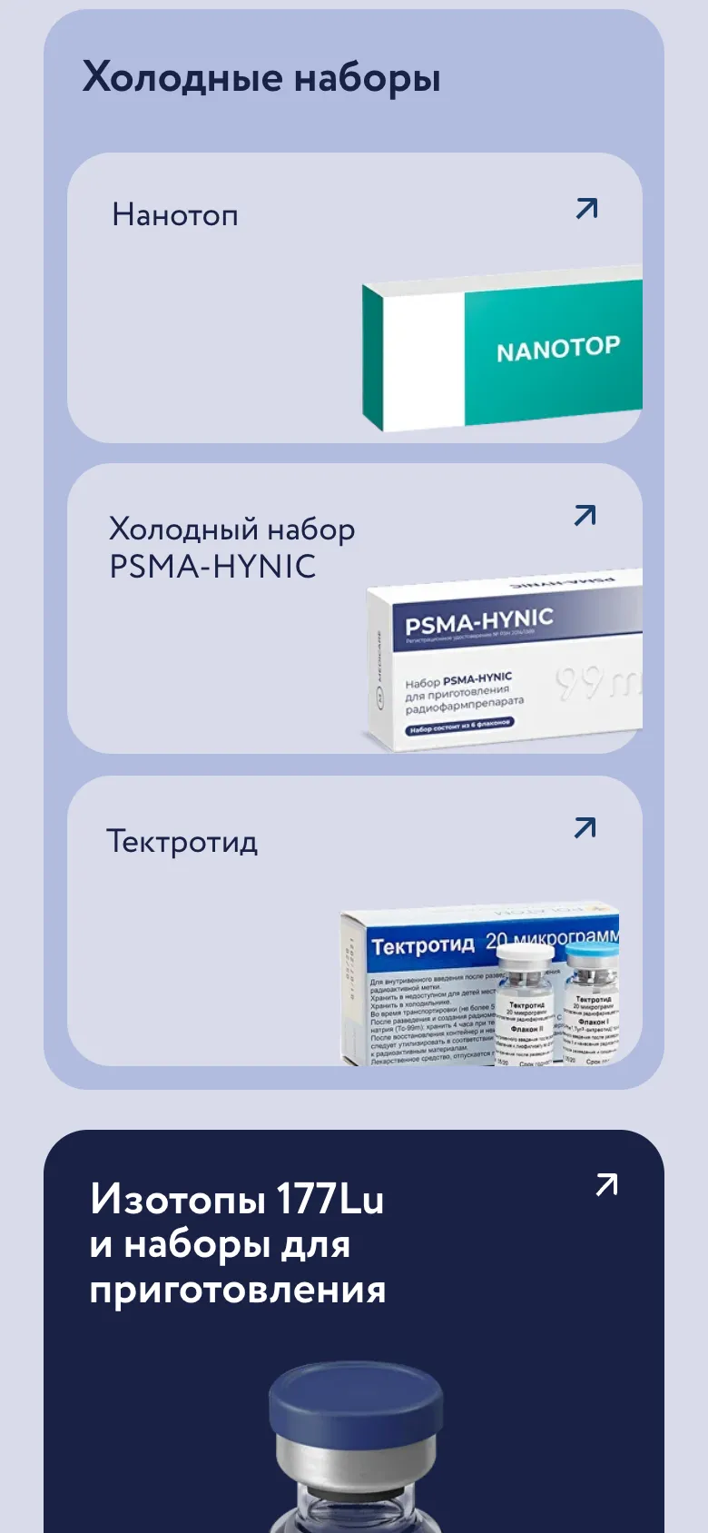 Мобильная версия: группа «Холодные наборы», карточки Нанотоп, PSMA-HYNIC и Тектротид с фото упаковок одна под другой