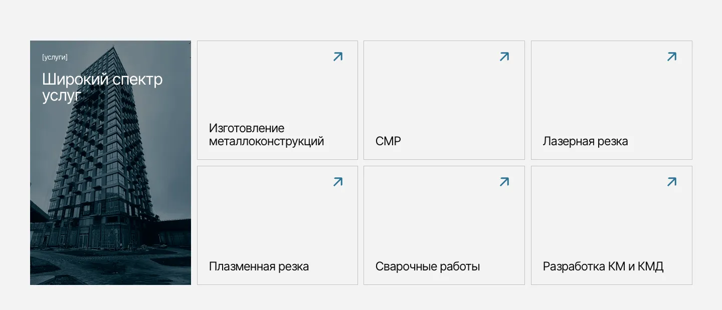 Блок «Широкий спектр услуг»: фото строящегося дома и шесть плиток со стрелками, от изготовления металлоконструкций до разработки КМ и КМД