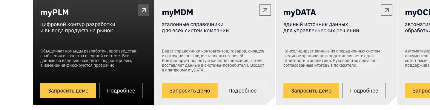 Карточки продуктов myPLM, myMDM и myDATA: под названием назначение продукта, затем описание и кнопки «Запросить демо» и «Подробнее»; четвёртая карточка срезана краем ленты