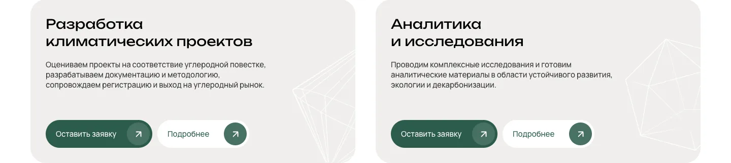 Карточки двух услуг: разработка климатических проектов и аналитика, в каждой кнопки «Оставить заявку» и «Подробнее»