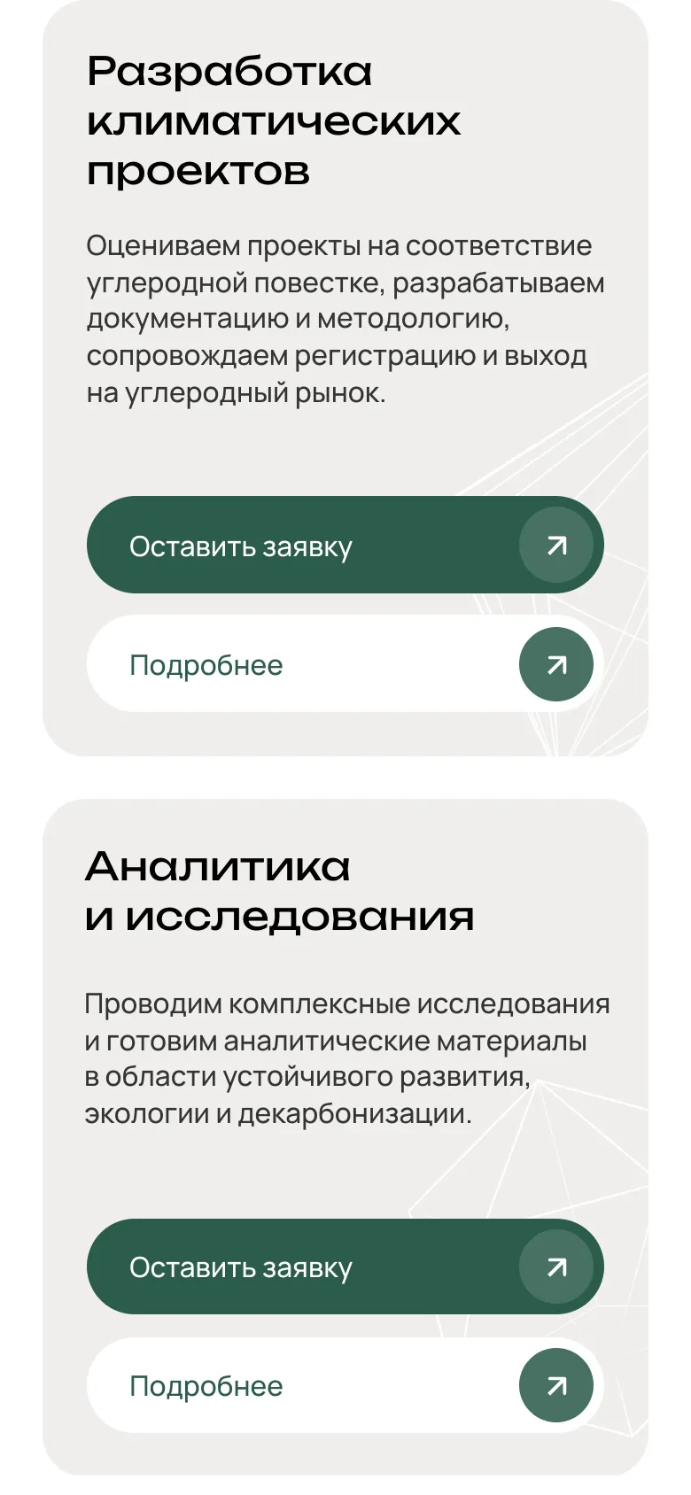 Мобильная версия: карточки двух услуг, под описанием каждой кнопки «Оставить заявку» и «Подробнее» одна над другой