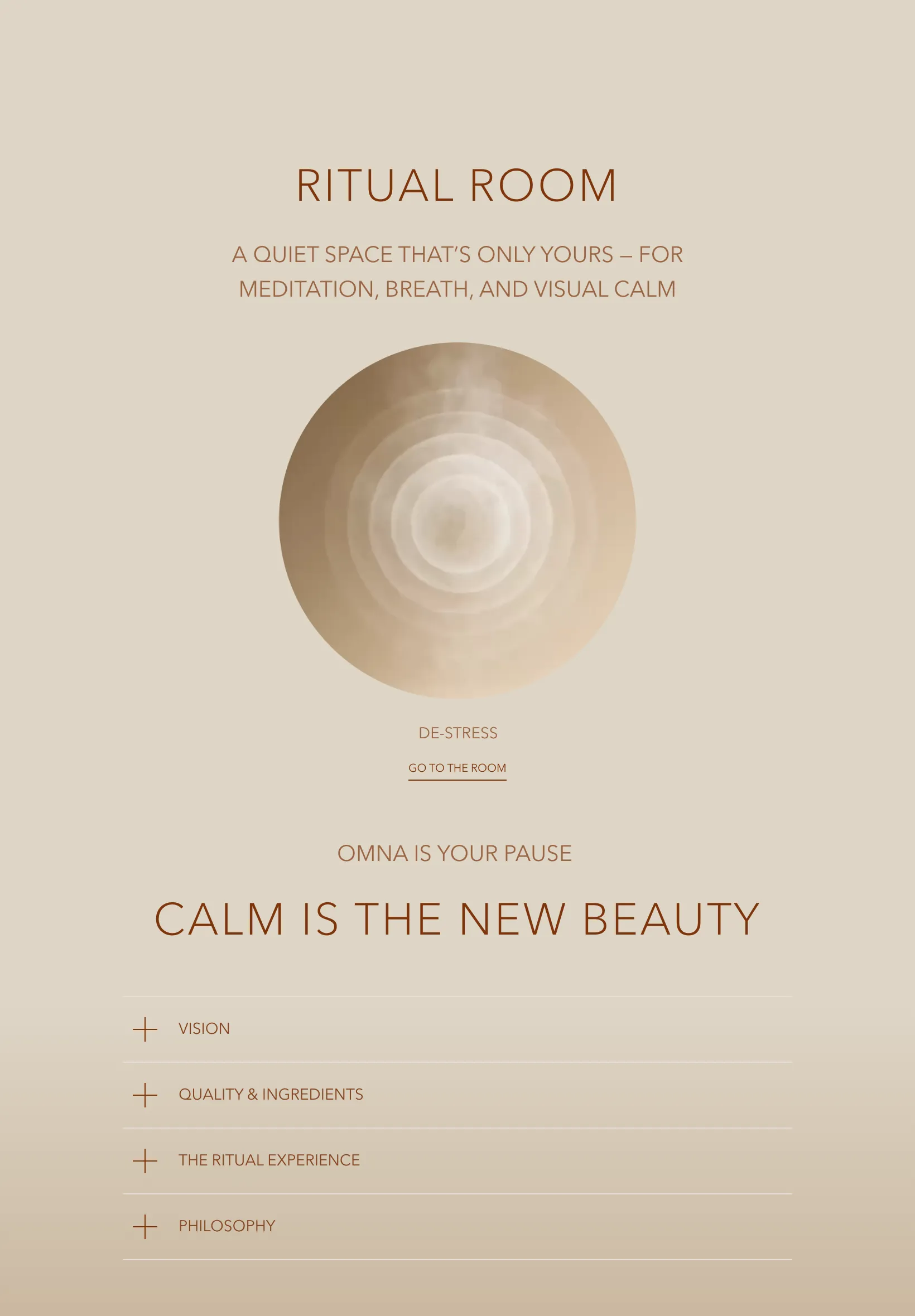 Планшет: раздел Ritual Room с кругом и ссылкой Go to the room, ниже заголовок Calm is the new beauty и список из четырёх тем о бренде