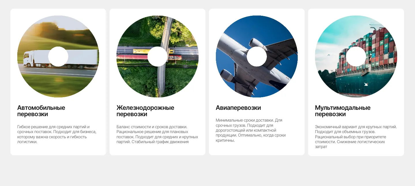 Четыре карточки с круглыми фотографиями: автомобильные, железнодорожные, авиа- и мультимодальные перевозки