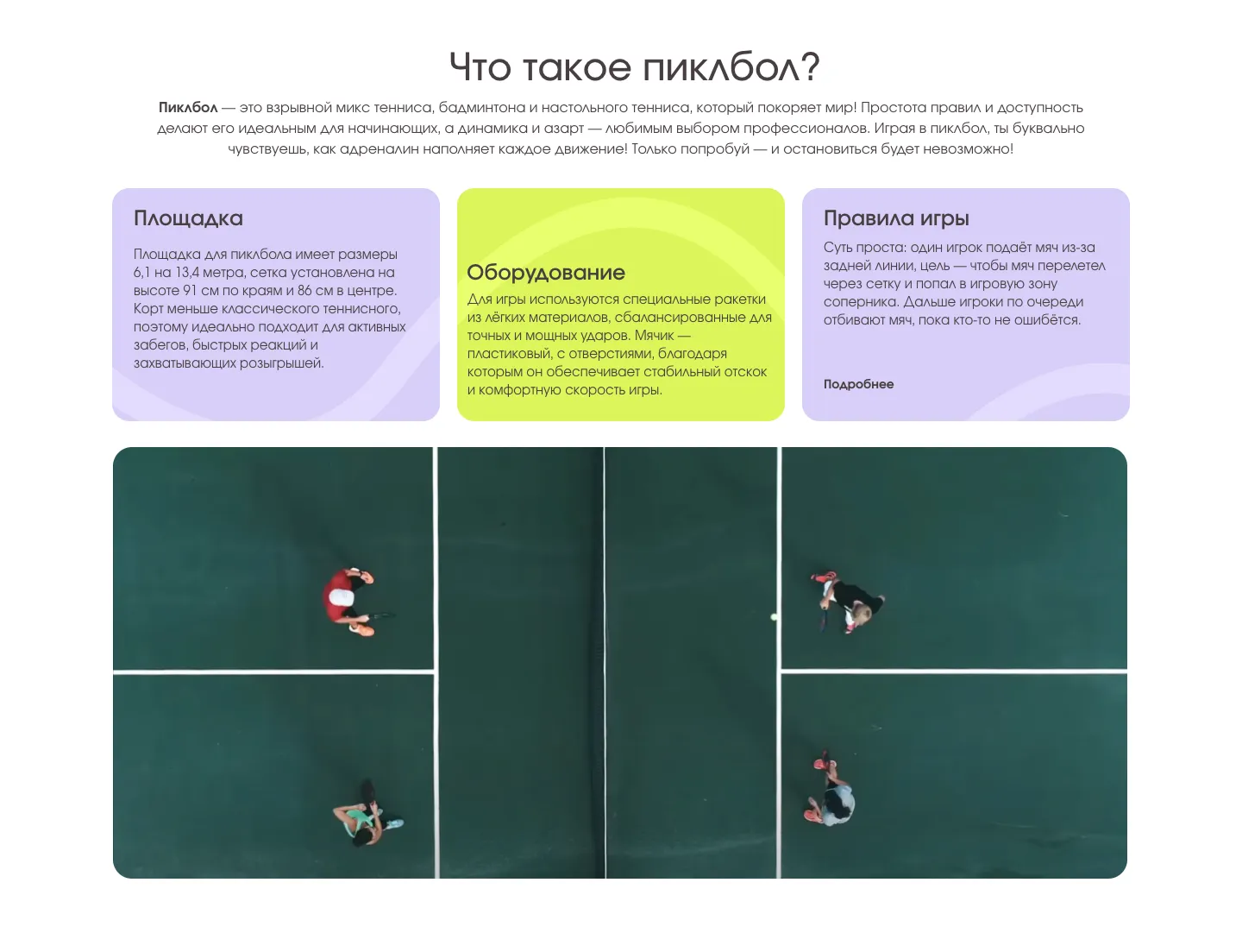 Блок «Что такое пиклбол?»: карточки о площадке, оборудовании и правилах игры и вид на корт сверху