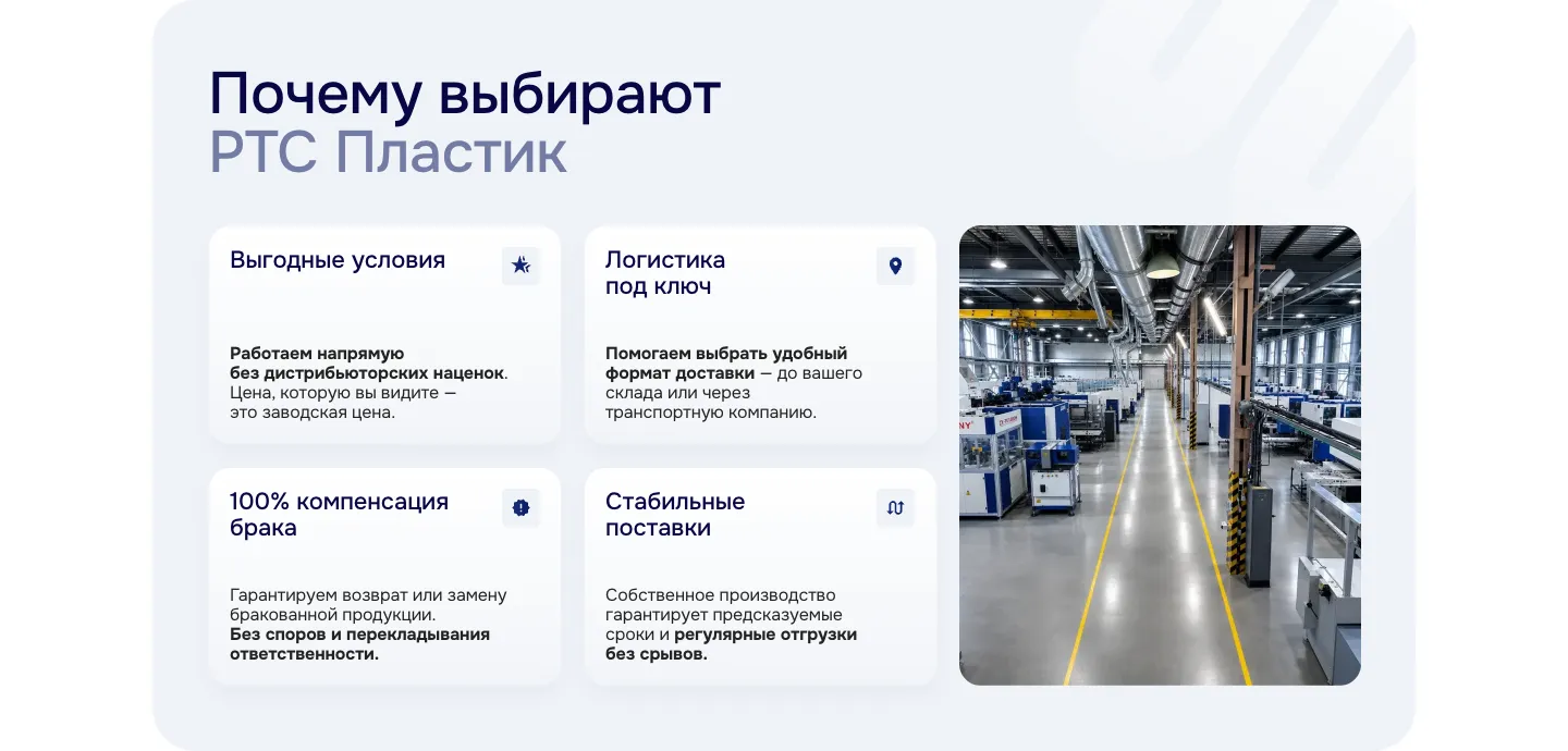 Блок «Почему выбирают РТС Пластик»: карточки «Выгодные условия», «Логистика под ключ», «100% компенсация брака», «Стабильные поставки» и фото производственного цеха