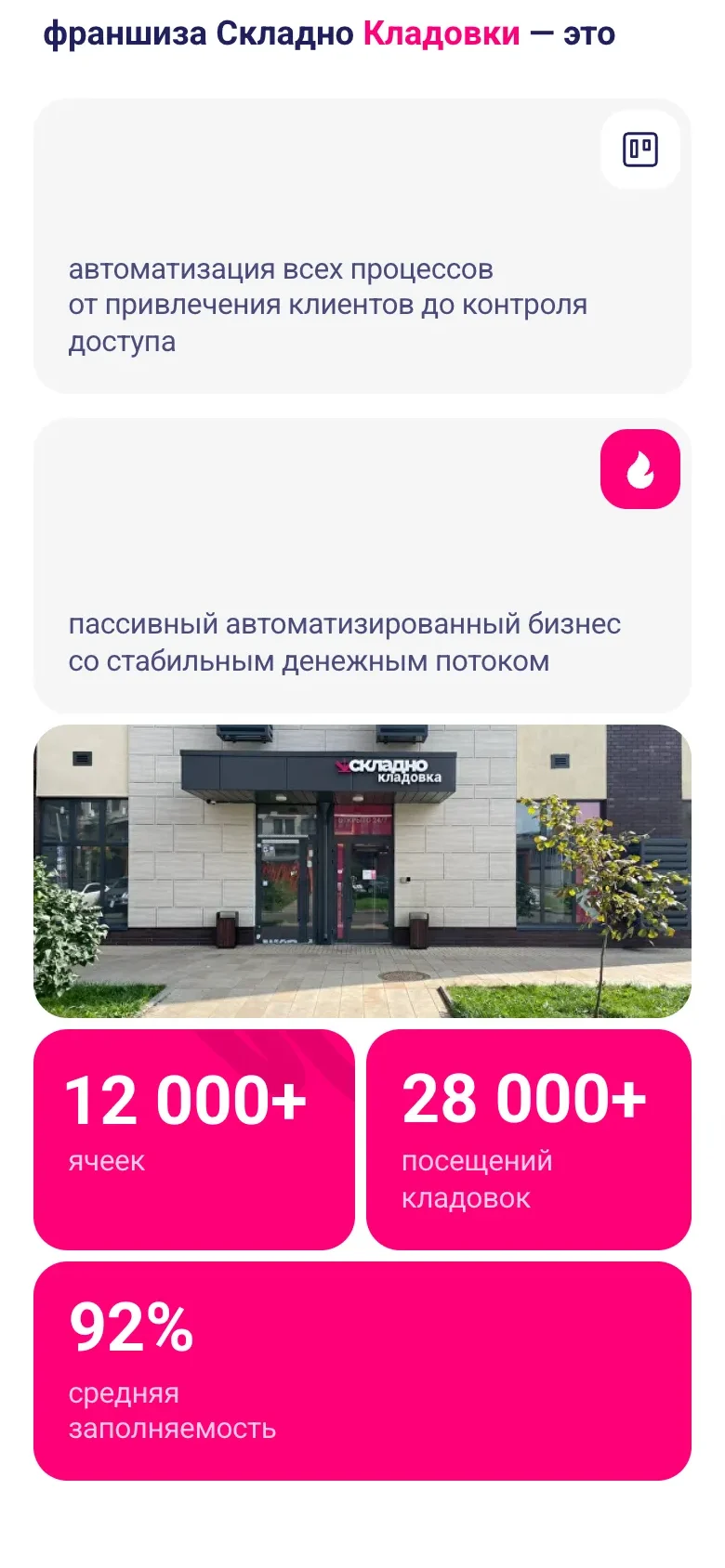Мобильная версия, блок о компании: две карточки преимуществ, фото входа в кладовку Складно, плитки 12 000+ ячеек и 28 000+ посещений и отдельная плитка 92% средней заполняемости