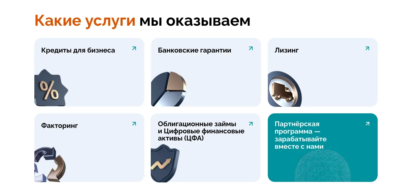 Блок «Какие услуги мы оказываем»: карточки кредитов для бизнеса, банковских гарантий, лизинга, факторинга, облигационных займов и ЦФА с объёмными иконками, шестая карточка партнёрской программы бирюзового цвета