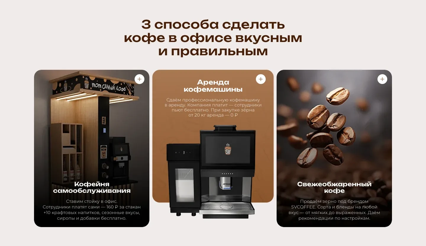 Блок «3 способа сделать кофе в офисе вкусным и правильным»: карточки кофейни самообслуживания, аренды кофемашины и свежеобжаренного кофе с условиями оплаты