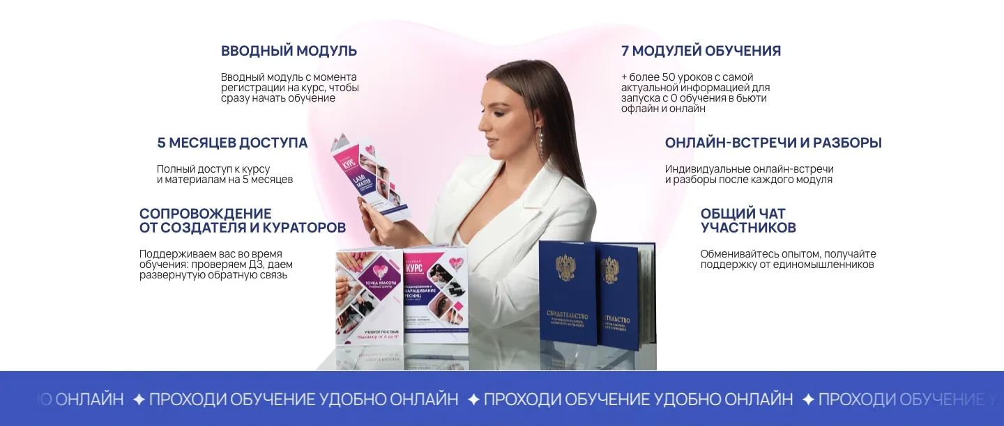 Состав обучения вокруг фотографии Дарьи Мартиросян с методичками учебного центра и свидетельствами о профессии