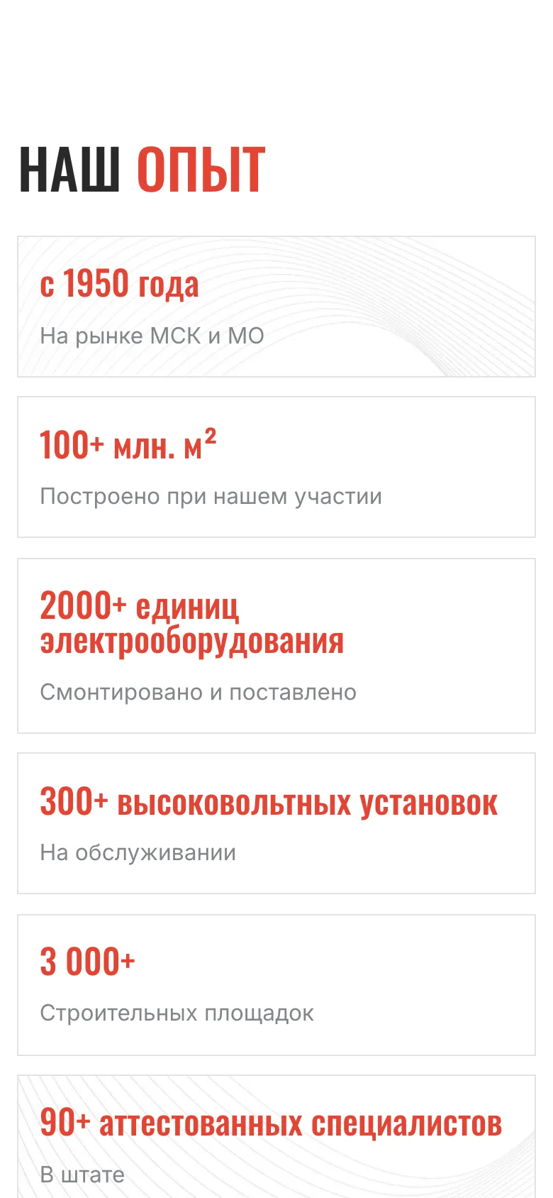 Мобильная версия: блок «Наш опыт», шесть карточек с цифрами компании. С 1950 года на рынке Москвы и области, 100+ млн м² построено при её участии, 2000+ единиц электрооборудования смонтировано и поставлено, 300+ высоковольтных установок на обслуживании, 3 000+ строительных площадок, 90+ аттестованных специалистов в штате